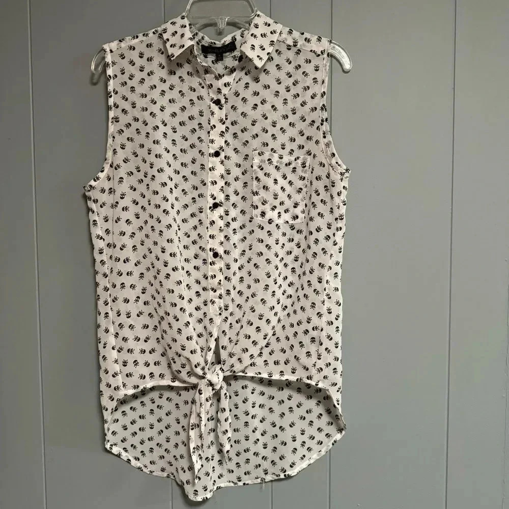 WISHFUL PARK Button Front Skull and Crossbones Print Tie Waist Sheer Top Size L
